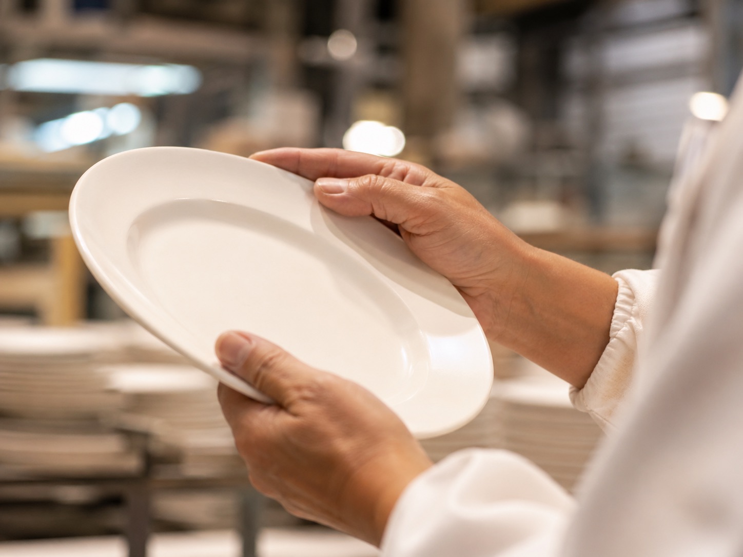 Craftsperson's hands examining a ceramic plate in the production workshop