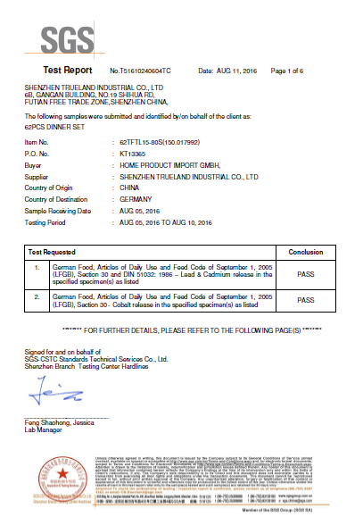 SGS product test report — LFGB food contact safety testing PASS