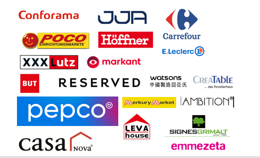 Client brands: Conforama, JJA, Carrefour, POCO, Höffner, E.Leclerc, XXXLutz, markant, BUT, RESERVED, pepco, Merkury Market, CreaTable, emmezeta and more