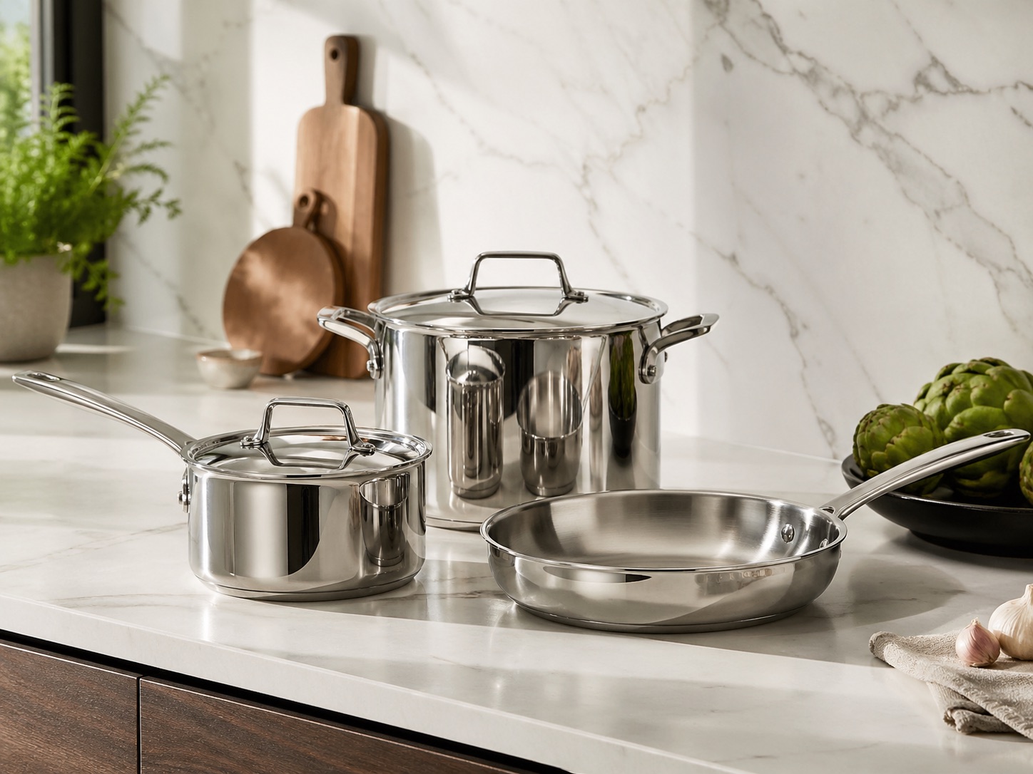 Stainless steel cookware set on a modern kitchen countertop