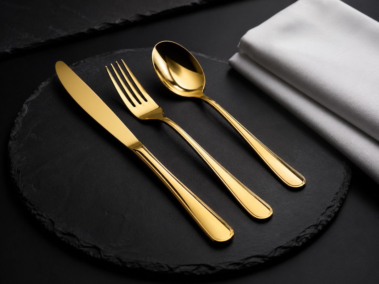 Gold-plated stainless steel flatware set on a dark slate plate